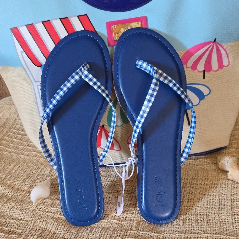 *SOLD**J. Crew Blue Size 8 Gingham Flip Flops Coastal - Picture 8 of 8